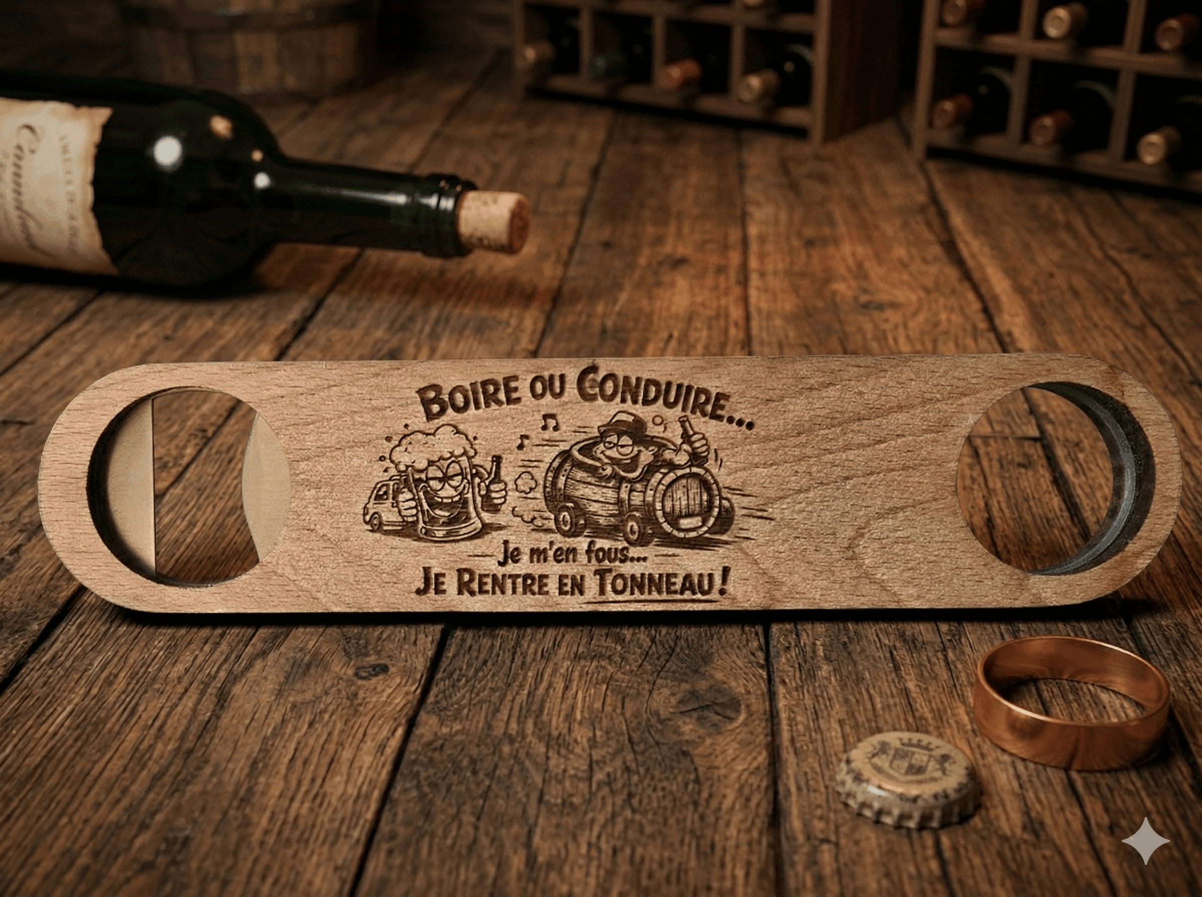 Décapsuleur en bois de hêtre gravé au laser – Message humoristique recto/verso personnalisable